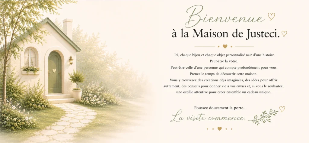 Bienvenue à La Maison de Justeci, bijoux et objets personnalisés gravés avec soin