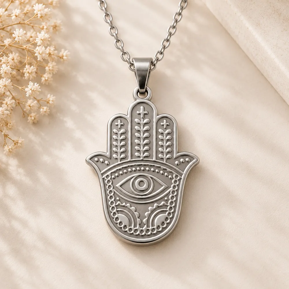 Pendentif Main de Fatma Personnalisé – Argenté, Main en Haut, vue recto, mise en scène
