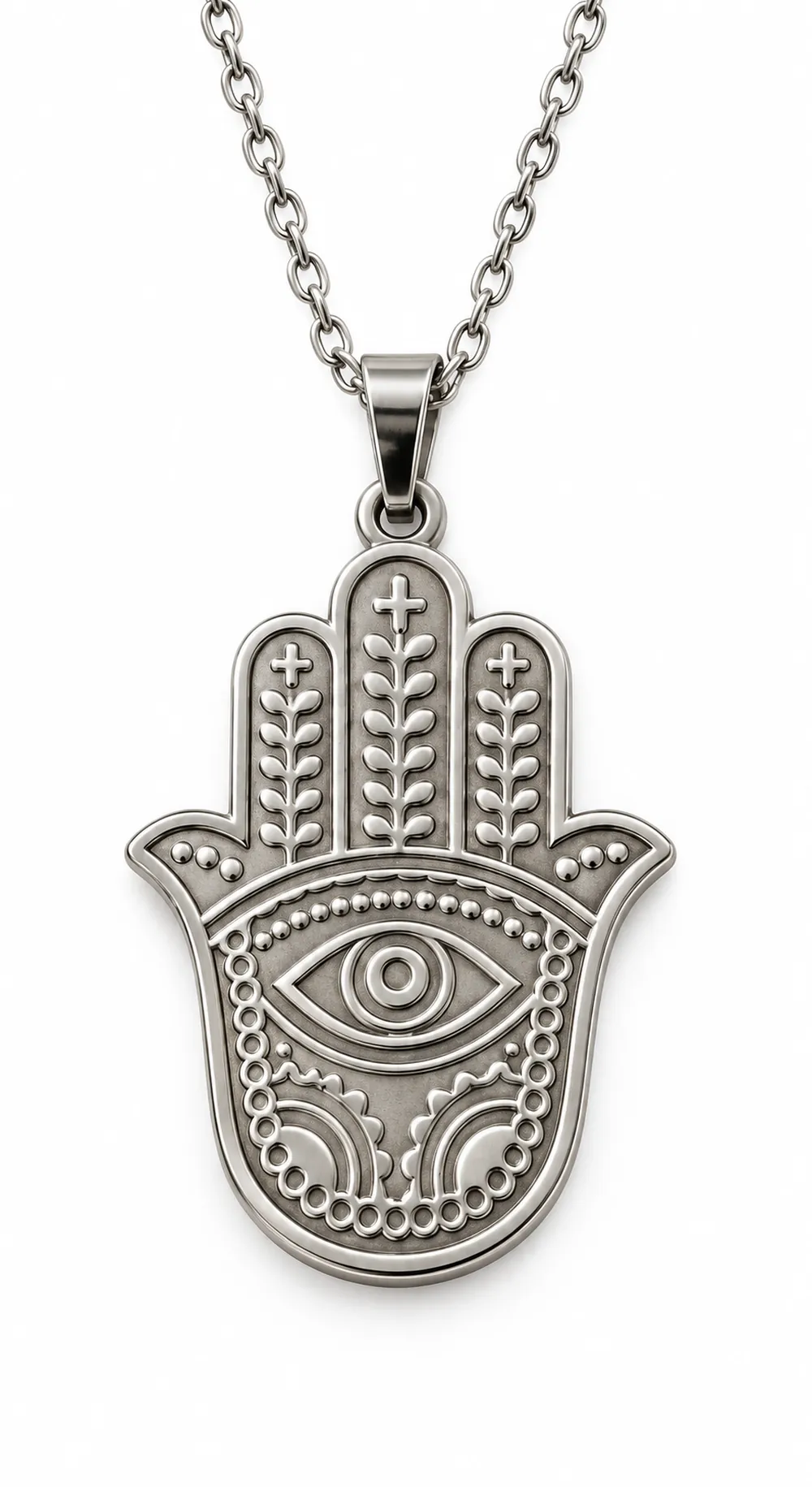 Pendentif Main de Fatma Personnalisé – Argenté, Main en Haut, vue recto