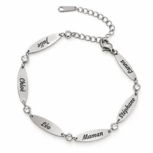 Bracelet Personnalisé Acier Inoxydable – 6 Prénoms Gravés, vue recto