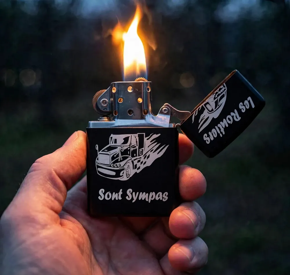 Briquet tempête camion routier personnalisé – prénom gravé, allumé