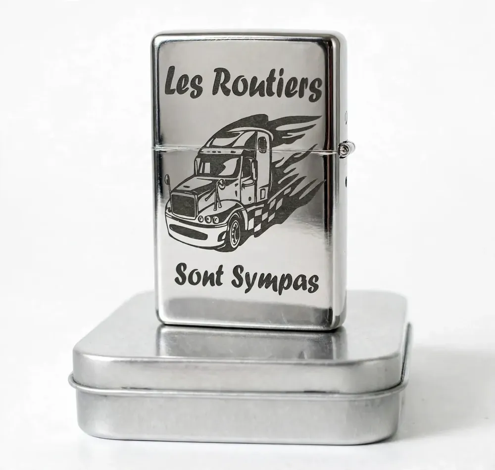 Briquet tempête camion routier personnalisé – prénom gravé, finition argentée