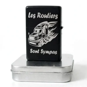 Briquet tempête camion routier personnalisé – prénom gravé, coloris noir