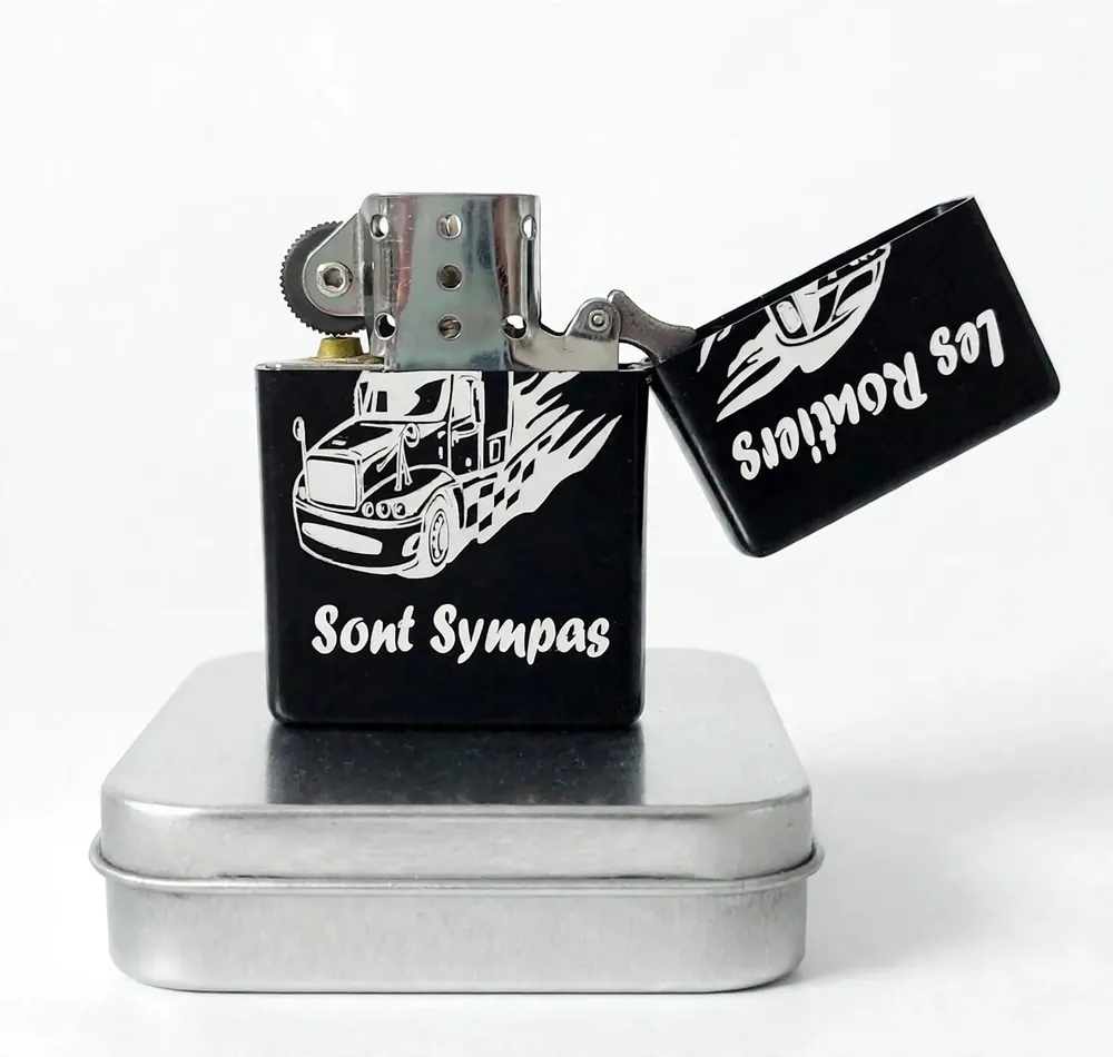 Briquet tempête camion routier personnalisé – prénom gravé, ouvert