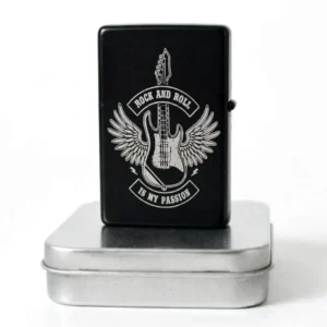 Briquet tempête guitare rock personnalisé – prénom gravé, coloris noir