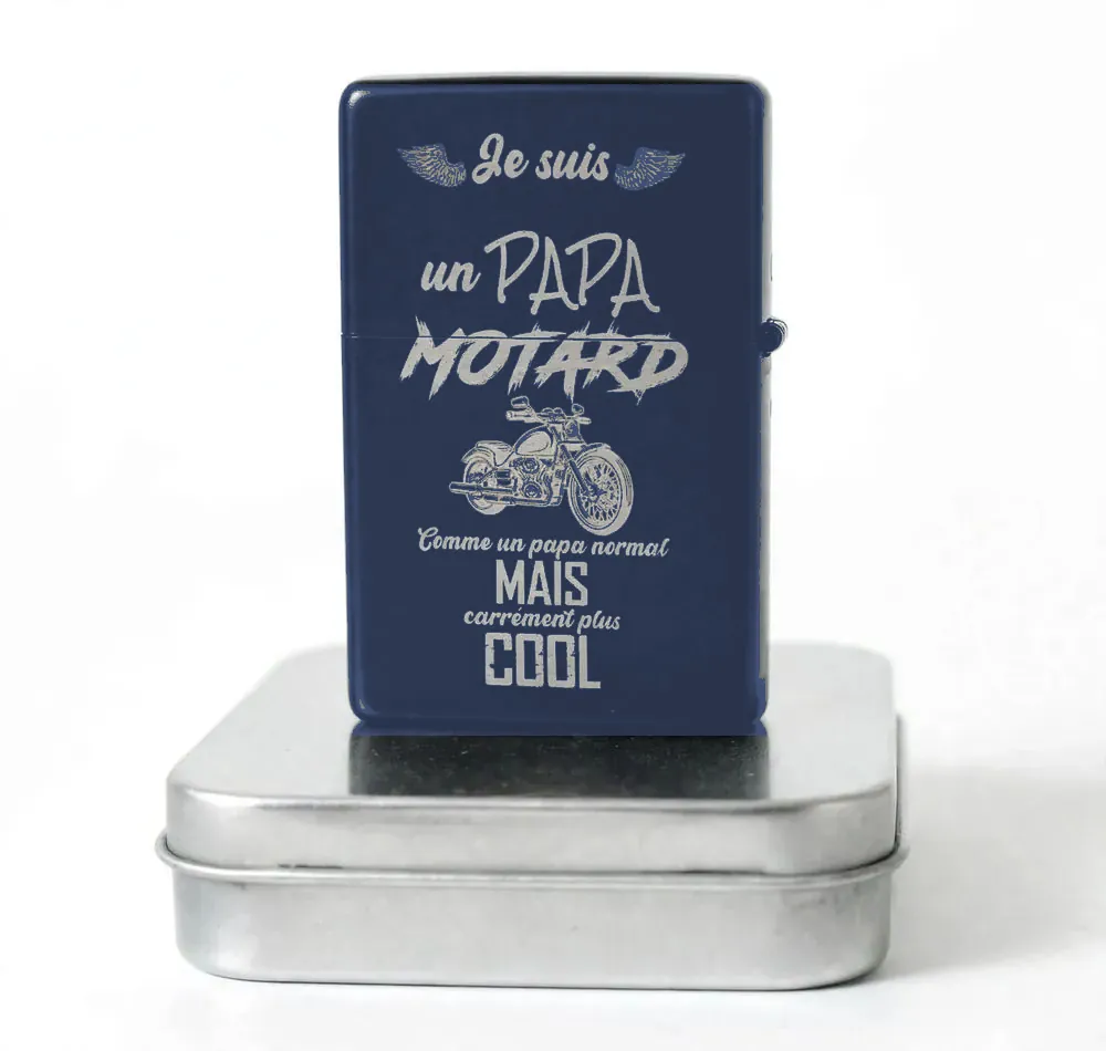 Briquet tempête papa motard personnalisé – prénom gravé, coloris bleu
