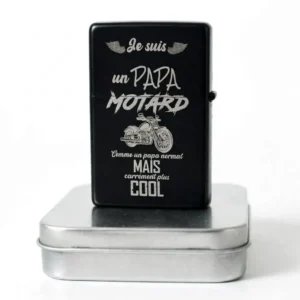 Briquet tempête papa motard personnalisé – prénom gravé, coloris noir