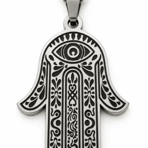 Pendentif Main de Fatma Personnalisé – Argenté, Main en Bas, vue recto