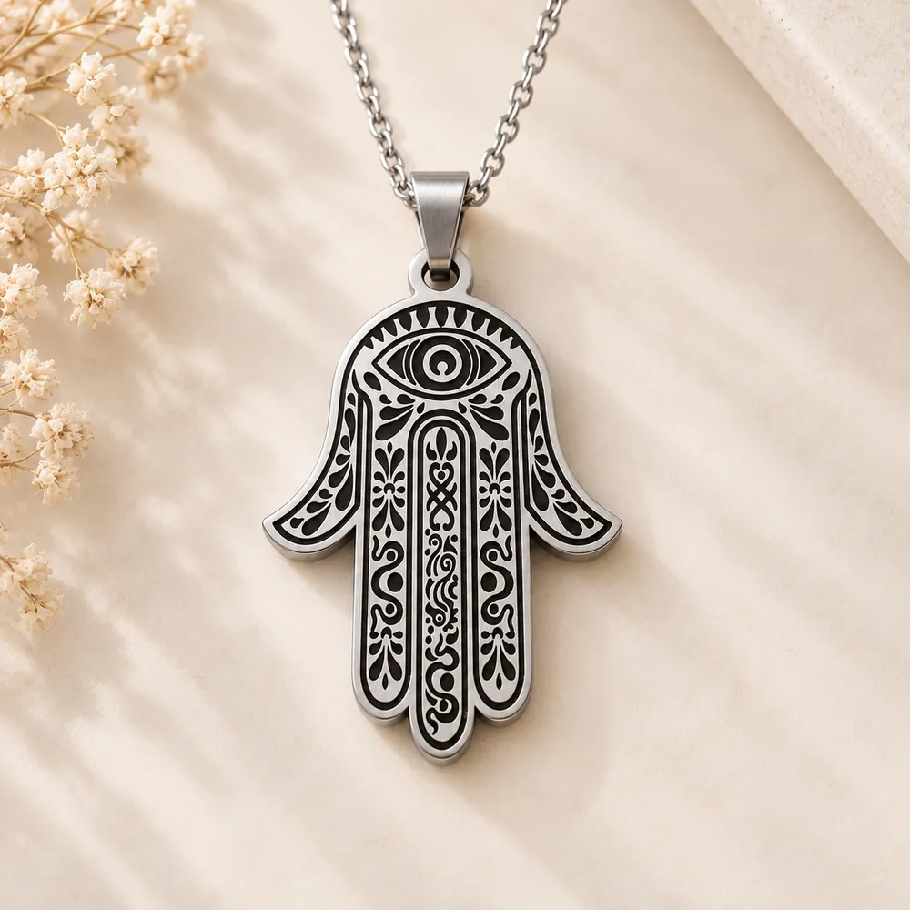 Pendentif Main de Fatma Personnalisé – Argenté, Main en Bas, vue recto, mise en scène