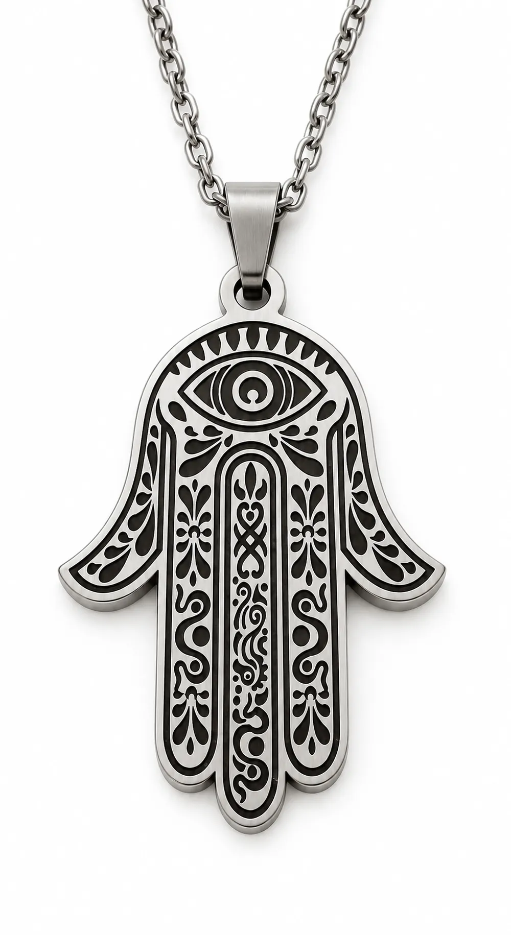 Pendentif Main de Fatma Personnalisé – Argenté, Main en Bas, vue recto