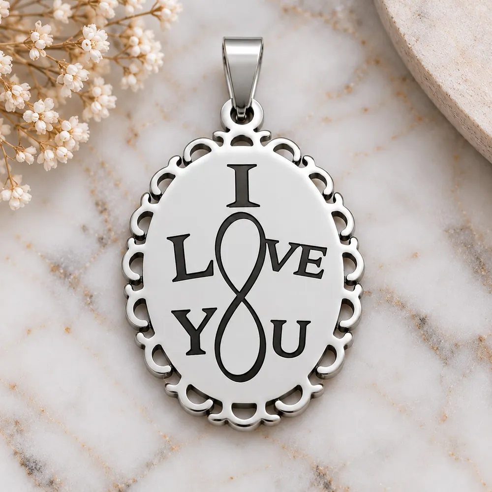 Médaillon Pendentif Personnalisé – 2 Initiales I LOVE YOU, finition argentée, vue verso