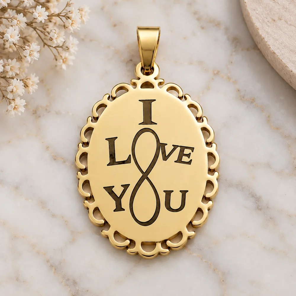Médaillon Pendentif Personnalisé – 2 Initiales I LOVE YOU, finition dorée, vue verso