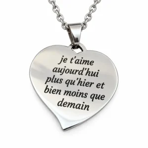 Pendentif Cœur Gravé – Je t’aime Plus Qu’Hier, vue verso