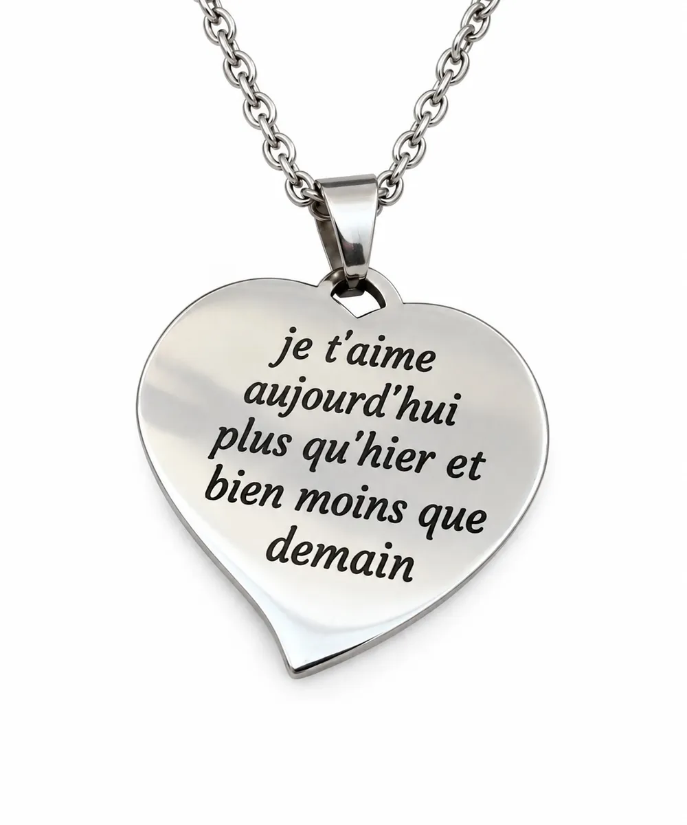 Pendentif Cœur Gravé – Je t’aime Plus Qu’Hier, vue verso