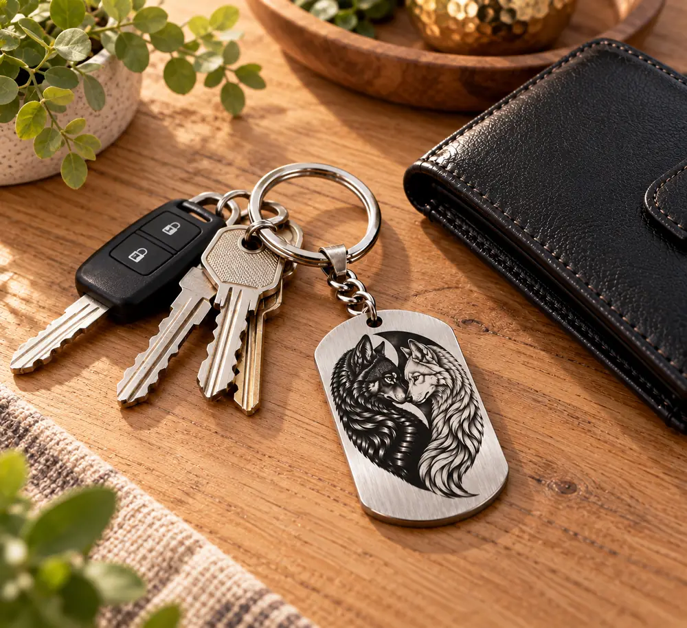 Pendentif Deux Loups Yin Yang – Union Parfaite, version porte-clés, mise en scène