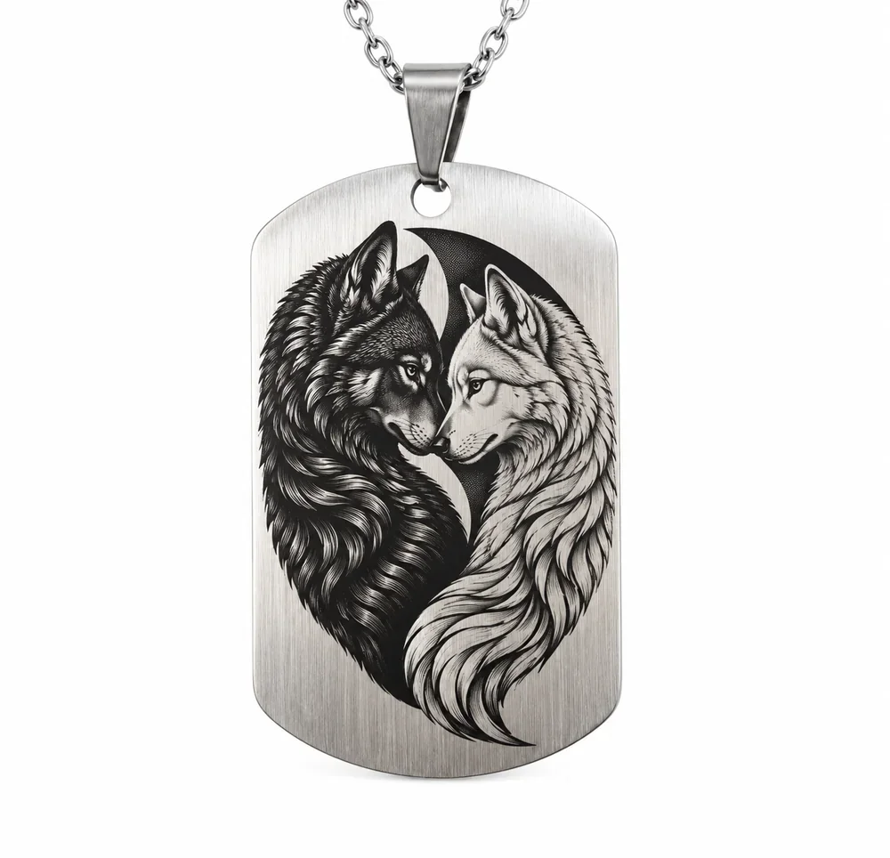 Pendentif Deux Loups Yin Yang gravé, loup noir et loup blanc nez contre nez