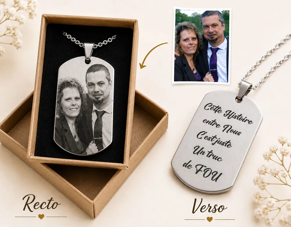 Pendentif photo personnalisé, exemple de photo et de texte gravés