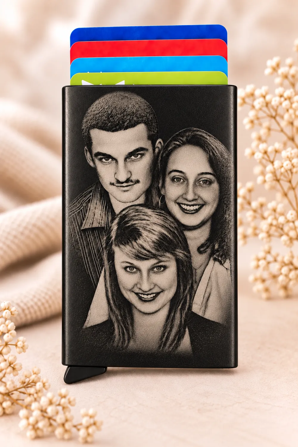 Porte-cartes personnalisé en métal noir, recto gravé d'un portrait de trois personnes, cartes colorées visibles, sur fond de tissu beige et de fleurs