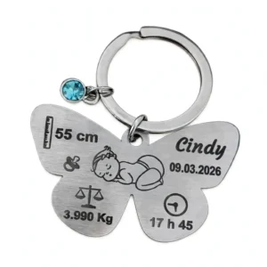 Porte-clés papillon souvenir de naissance personnalisé, vue recto