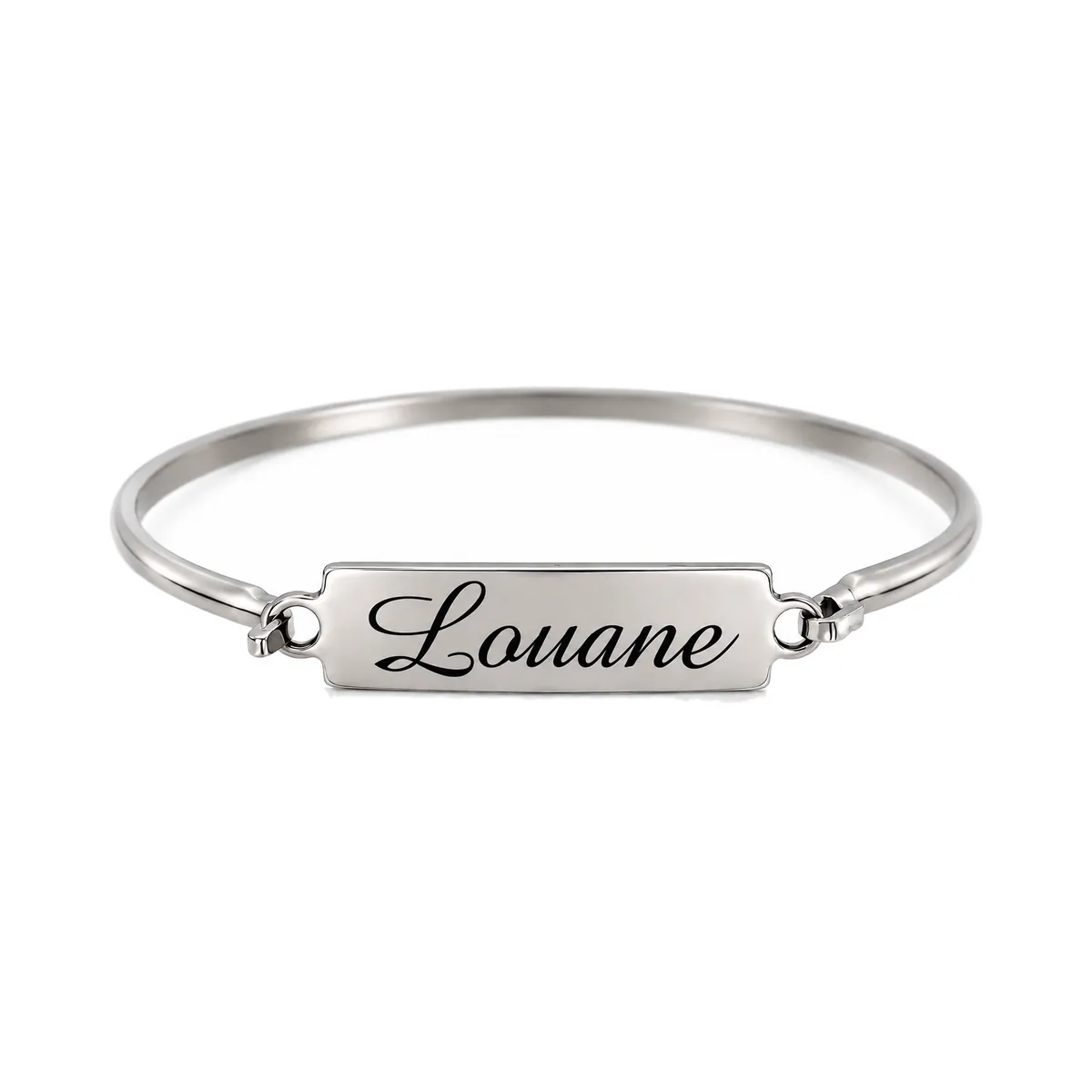 Bracelet jonc rectangle personnalisé en acier inoxydable, plaque gravée du prénom Louane, vue de face