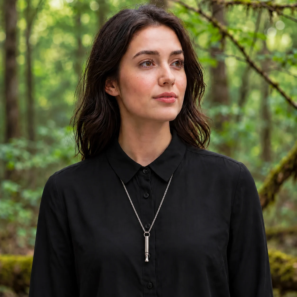 Collier de respiration personnalisé en acier inoxydable porté sur une chemise noire par une femme, dans une forêt