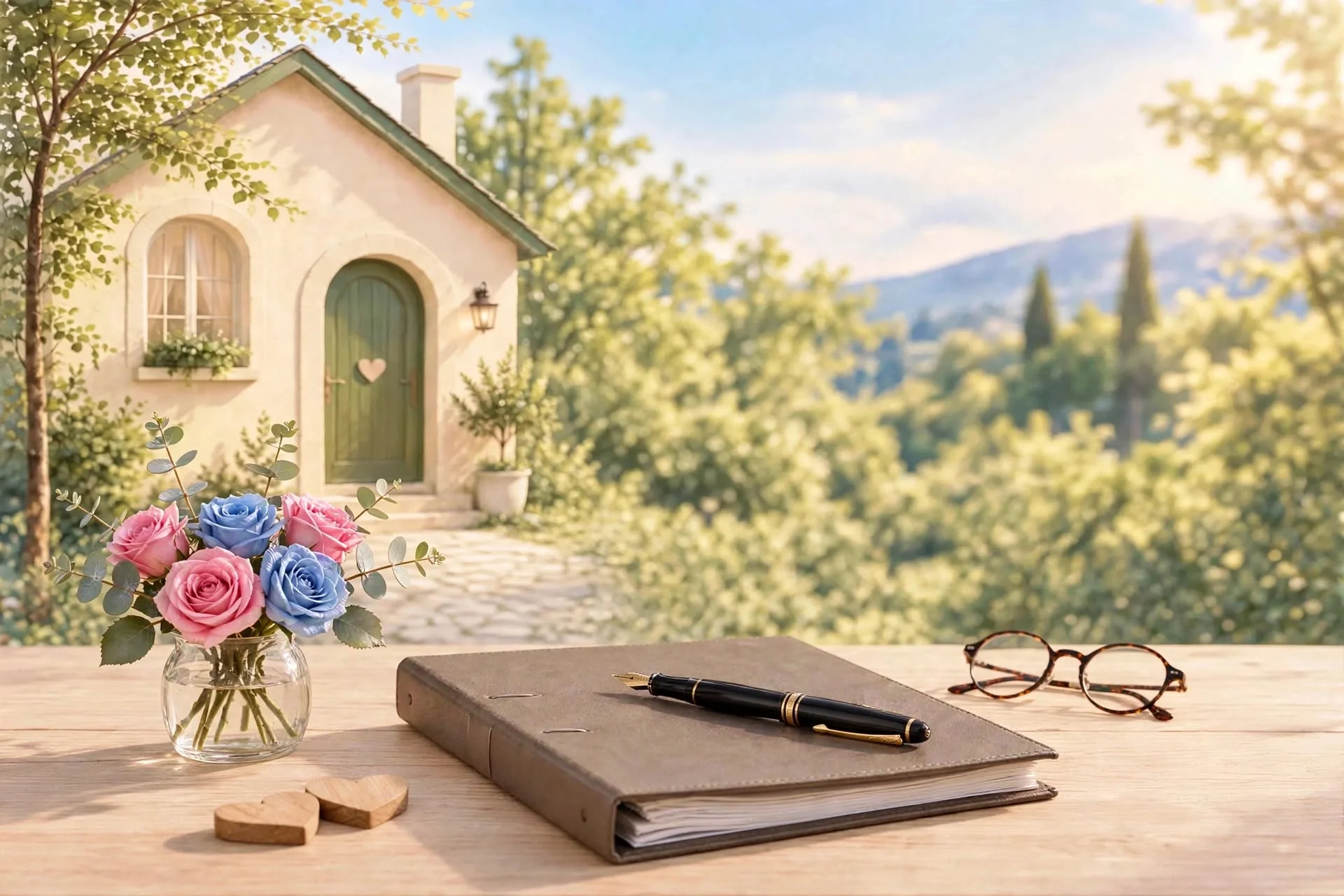 Conditions générales de vente La Maison de Justeci : classeur, stylo plume et lunettes devant la petite maison de la boutique