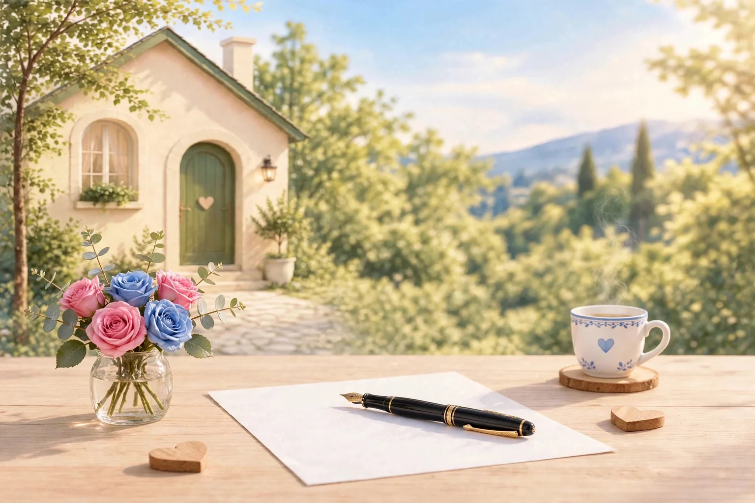 Contact La Maison de Justeci : lettre, stylo plume et roses roses et bleues devant la petite maison de la boutique