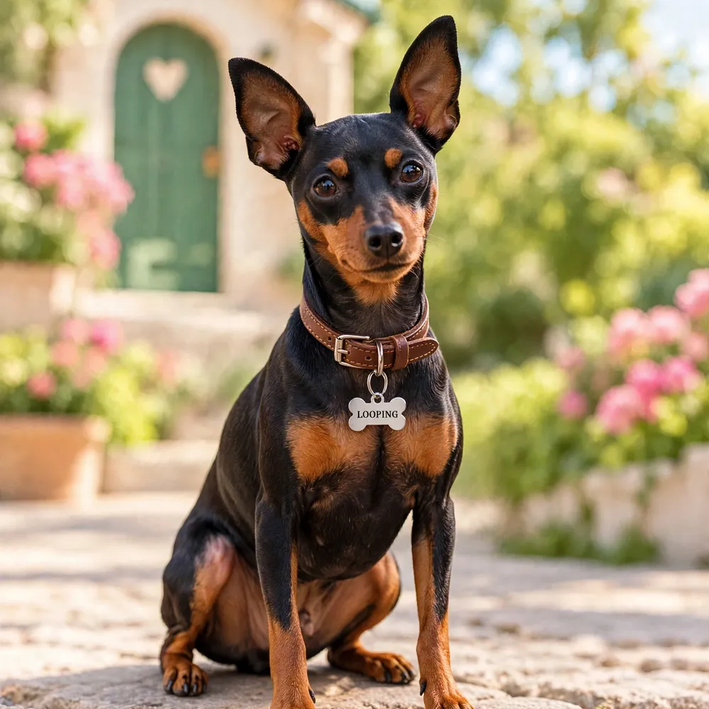 Petit chien noir et feu assis dans un jardin fleuri portant une médaille os argentée gravée Looping