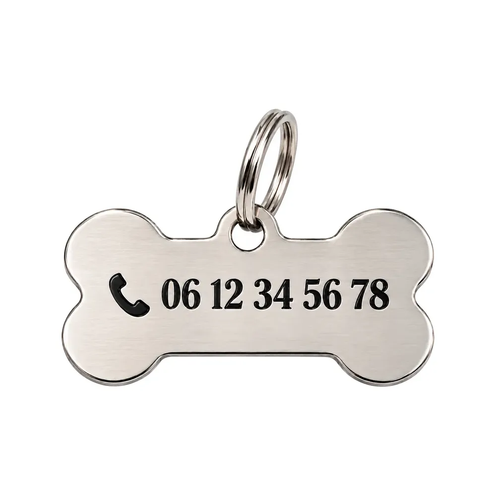 Médaille os argentée gravée du numéro de téléphone avec pictogramme, en noir, avec anneau argenté