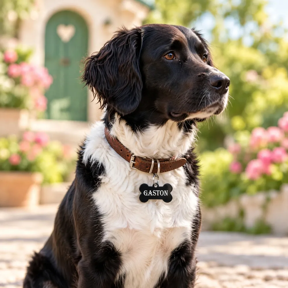 Chien noir et blanc assis dans un jardin fleuri portant une médaille os noire gravée Gaston