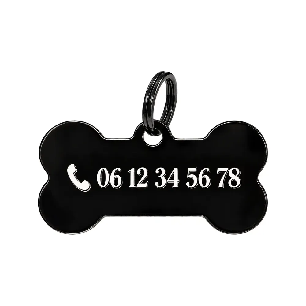 Médaille os noire gravée du numéro de téléphone avec pictogramme, en blanc, avec anneau noir