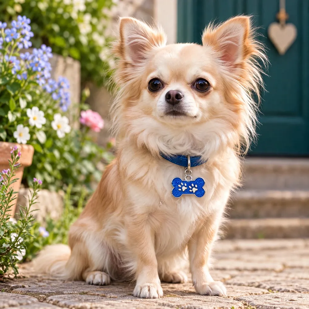 Médaille pailletée gravée bleue, portée au collier bleu d’un chihuahua