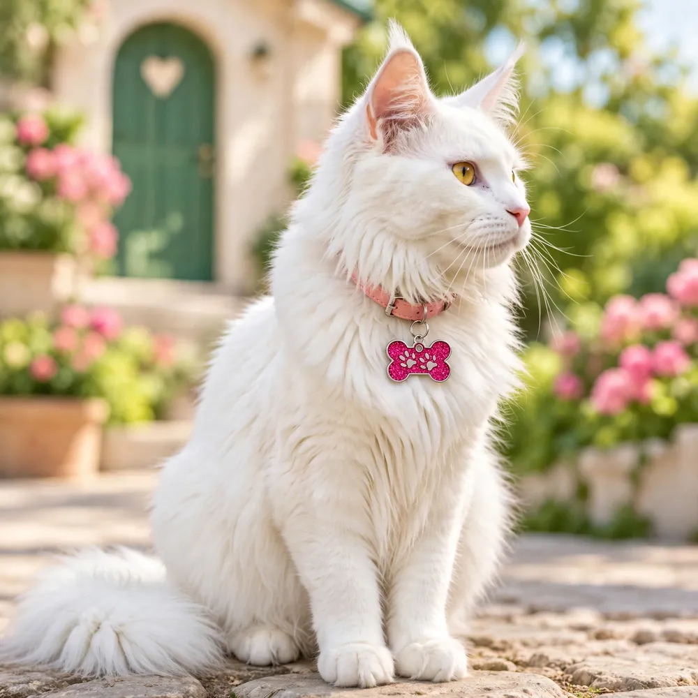 Médaille pailletée gravée rose, portée au collier rose d’un chat blanc
