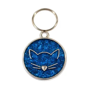 Médaille tête de chat à paillettes bleue, vue de face avec son anneau