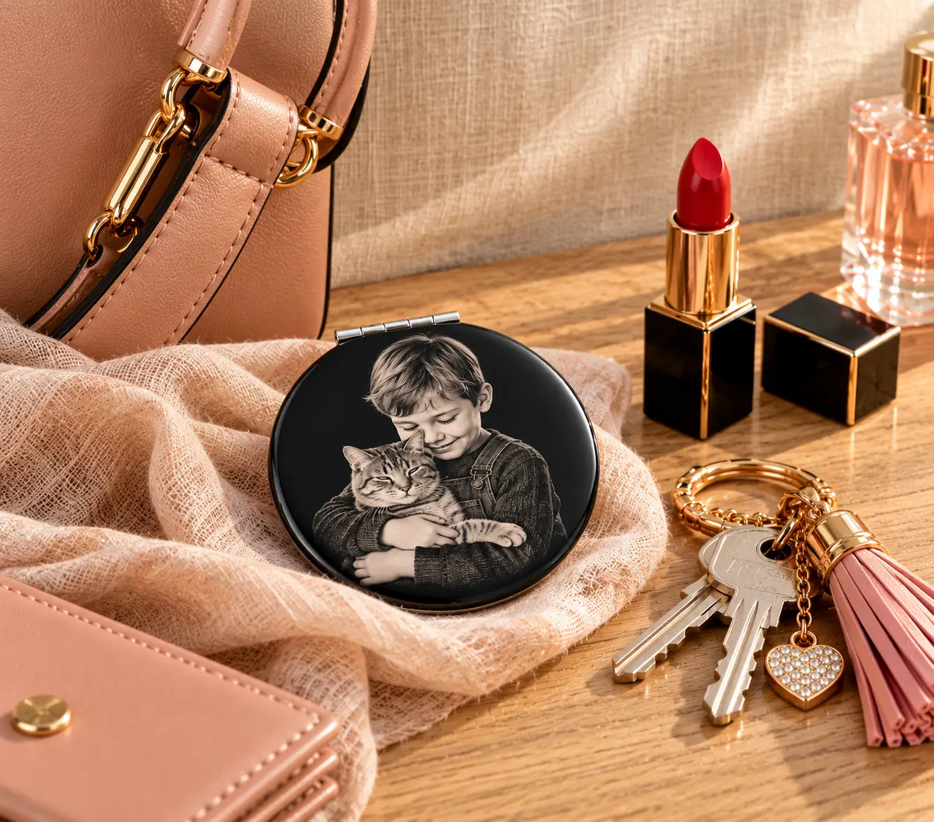 Miroir de poche photo personnalisé posé sur un foulard beige près d'un sac à main, d'un rouge à lèvres et de clés