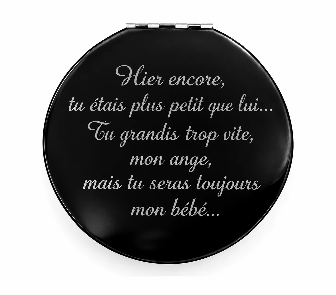 Miroir de poche photo personnalisé : verso noir gravé d'un message tendre en écriture cursive