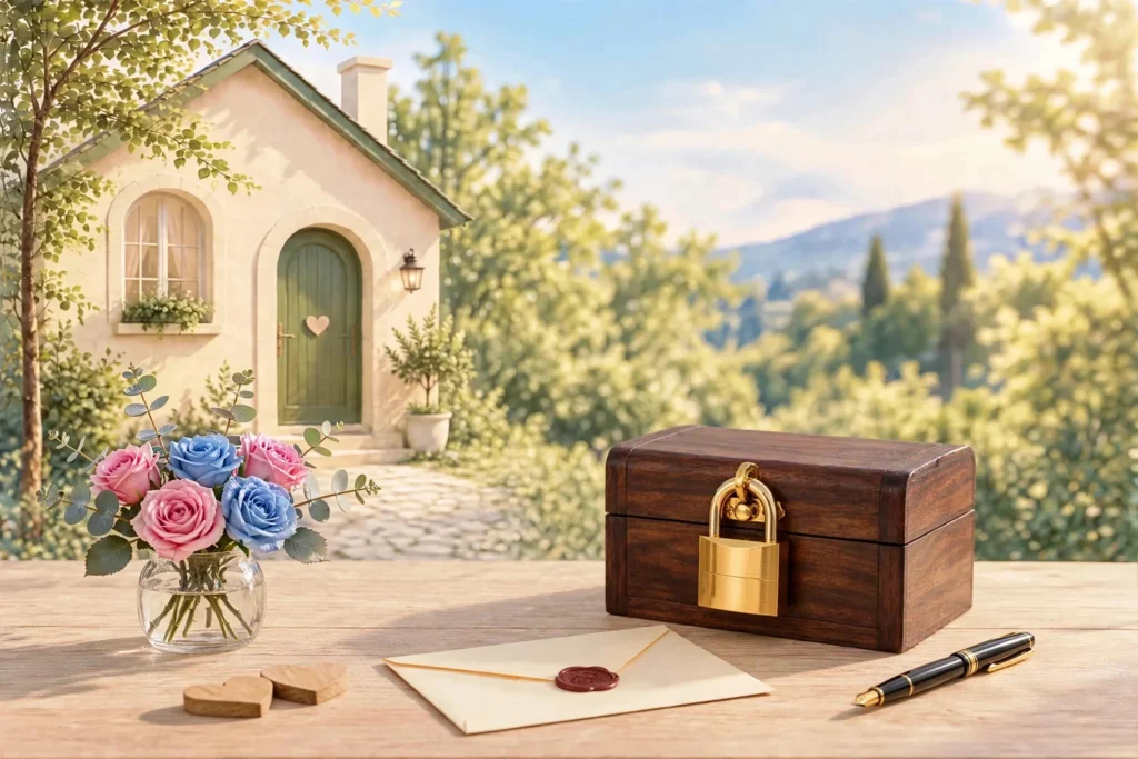 Politique de confidentialité La Maison de Justeci : coffret cadenassé, enveloppe et stylo devant la petite maison de la boutique