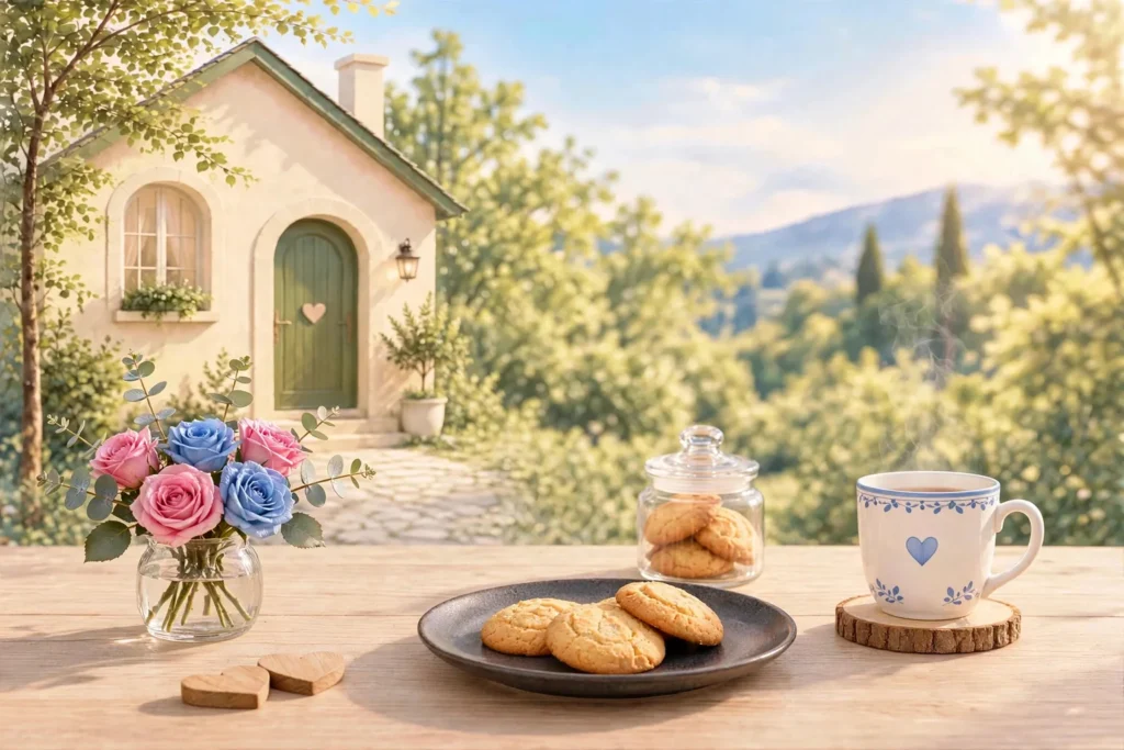 Politique de cookies La Maison de Justeci : biscuits, tasse de thé et roses devant la petite maison de la boutique